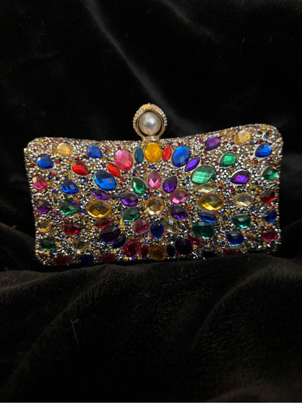 Multicolor Crystal Rhinestone Jeweled Minaudière Evening Clutch w/Chain StrapEUC